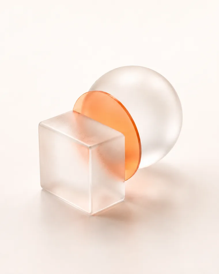 Abstract overlapping frosted-glass shapes representing discovery and strategy