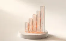 Abstract render of rising glass bars with orange trails representing webmarketing and growth by Holvine