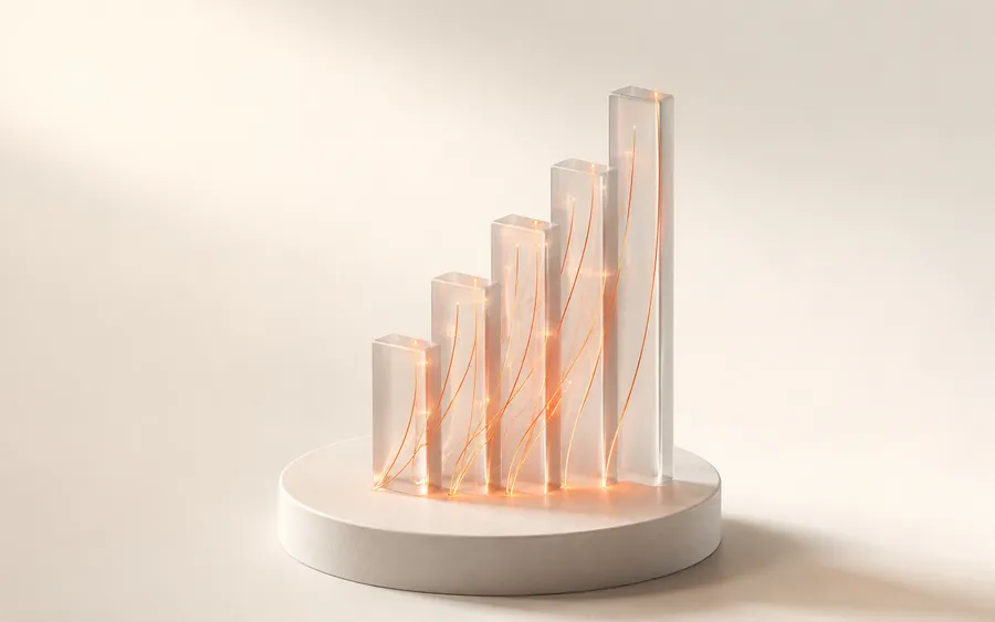 Abstract render of rising glass bars with orange trails representing webmarketing and growth by Holvine